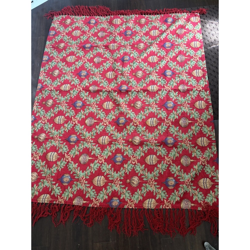 Christmas Table Topper Upholstery Fabric Fringed Holiday Bulbs Cover 49"x60"